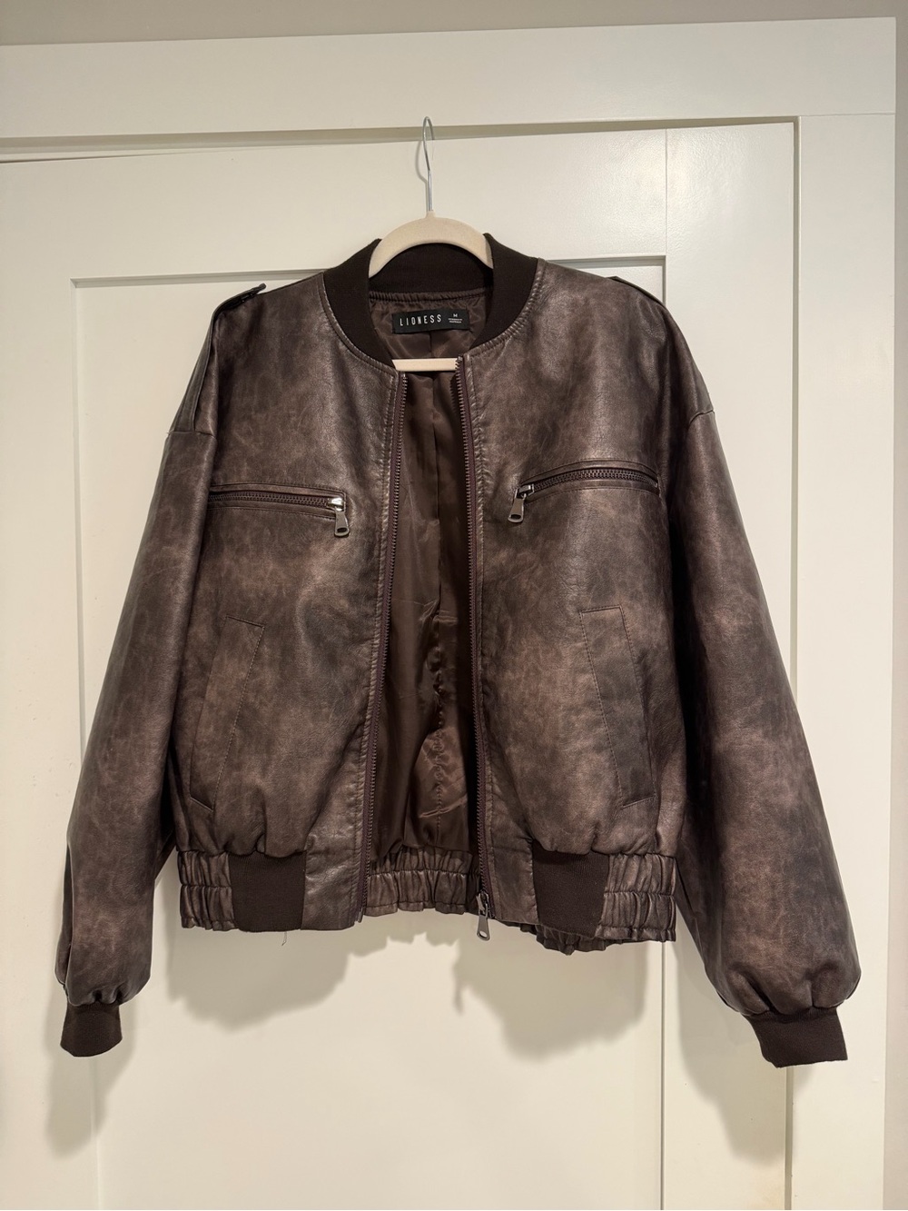 Lioness Distressed Brown Faux-Leather Bomber Jacket